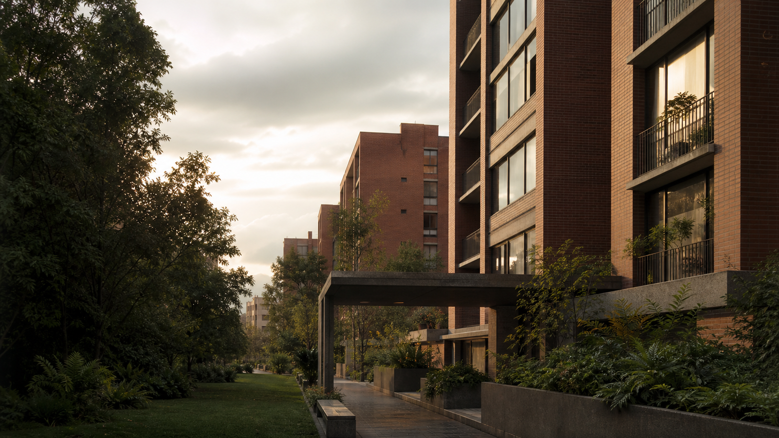 Conjunto residencial de arquitectura contemporánea y jardines